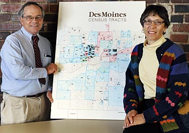 Daniel Russell and Carolyn Cutrona have been tracking Iowa subjects from their  Family and Community Health Study on a large map. 