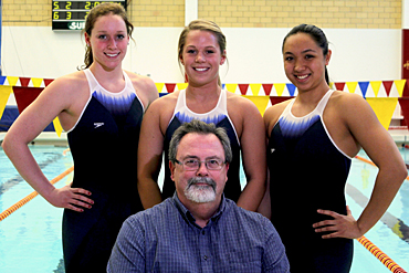 Iowa State kinesiology professor Rick Sharp called upon Cyclone swimmers (L to R) Amanda Paulson, Bri Carlberg and Imelda Wistey to test out Speedo's new Fastskin3 Racing System.