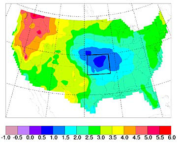 Graph showing warming over the United States from the 1990s to the 2040s. The graph shows less warming over the central U.S. including Iowa.