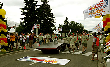 Team PrISUm crosses the finish line of 2008's North American Solar Challenge.